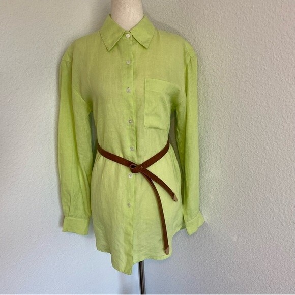 NWOT  Liz Claiborne Linen Lime Green Button Top w/Unique Belt Rare Size S - Picture 2 of 10